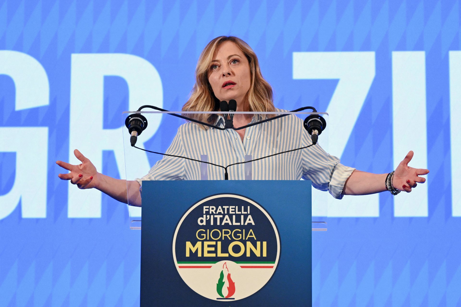 6月10日，在得知歐洲議會選舉部份結果之後，梅洛尼在羅馬發表講話。（Reuters）