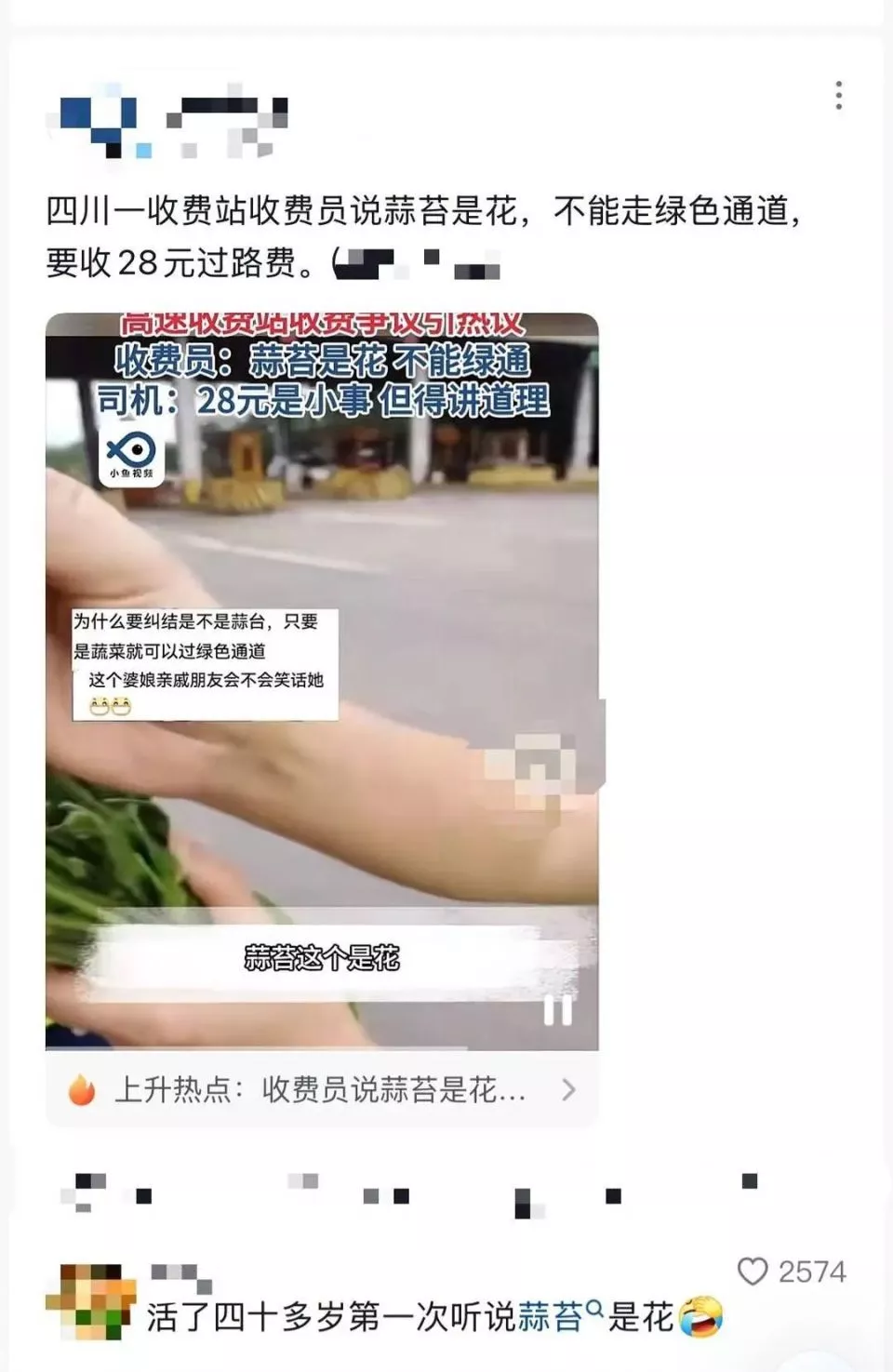 蒜苔是花不能走绿色通道？收费站回应：实为韭苔