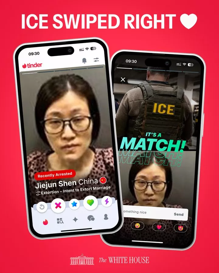 华女涉假结婚被捕 白宫发梗图调侃:与ICE匹配成功