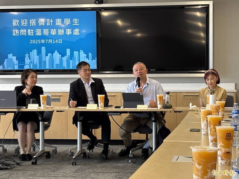 萧逸夫(右二)解答搭侨计划成员提出的问题,并说台湾掌握疫情情报比WHO成员更快。左一为刘立欣、左二为台贸中心主任邱仕敏、右一为侨领张健理。(记者张伶铢摄) 萧逸夫(右二)解答搭侨计划成员提出的问题,并说台湾掌握疫情情报比WHO成员更快。左一为刘立欣、左二为台贸中心主任邱仕敏、右一为侨领张健理。(记者张伶铢摄)