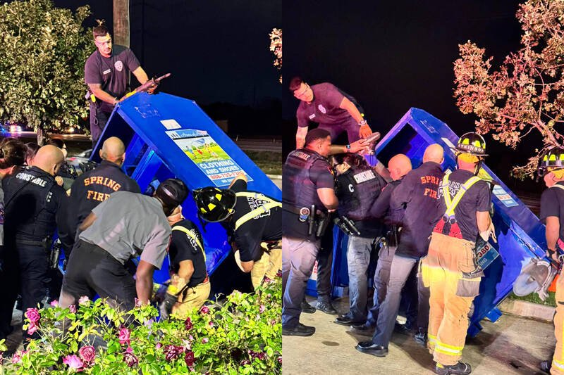美国德州一名男子受困旧衣回收箱不幸身亡。（本报合成，撷取自Mark Herman, Harris County Constable Precinct 4/脸书）