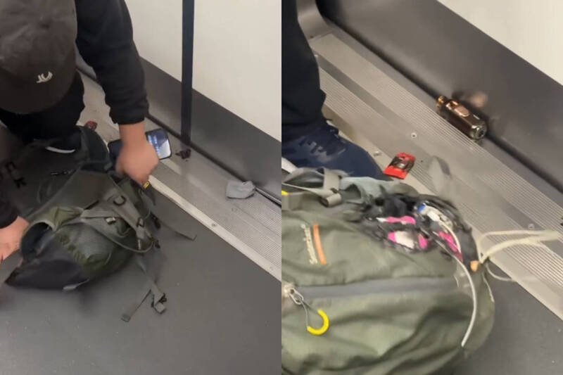 香港地铁近日发生行动电源起火意外，引发乘客惊慌。（本报合成，撷取自@veritychan/Threads）
