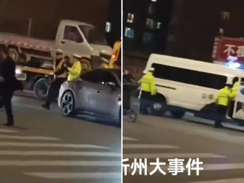 中国男脱衣丢瓦斯桶大战公安 交警吓坏撞到车