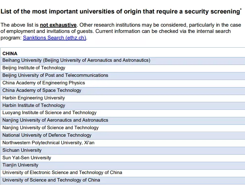 ETH需要审查的中国大学名单/图源：ETH