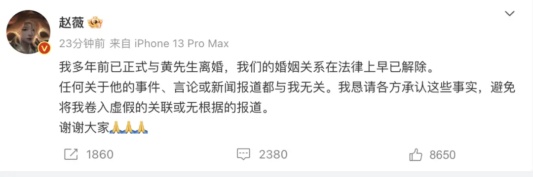 赵薇宣布多年前已离婚！前夫黄有龙再传债务风波