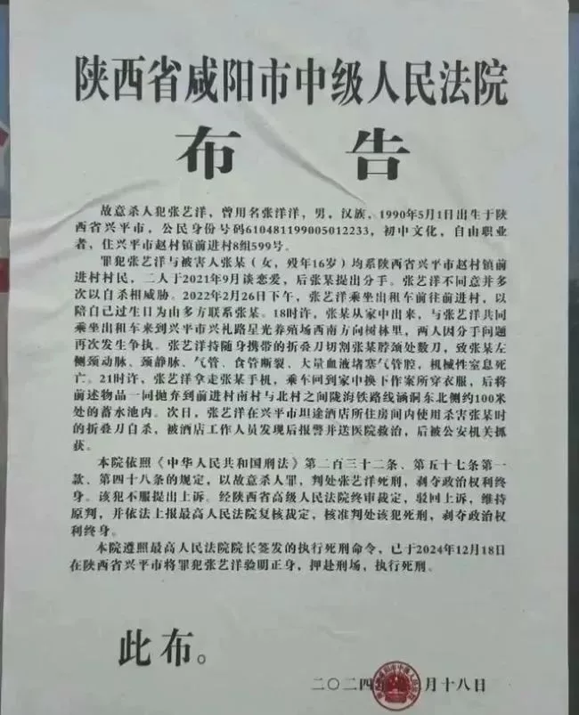 男艺人张艺洋杀害16岁女友被执行死刑：案发当日还更新视频