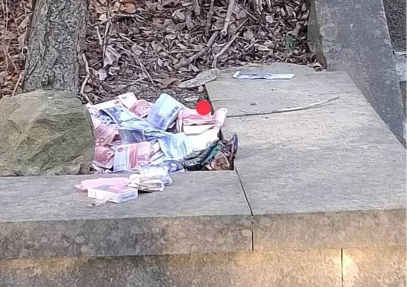 苗栗市猫里山公园忠烈祠前广场平台旁的花圃，被民众发现弃置整叠的千元台币、百元人民币钞票。（图由民众提供）