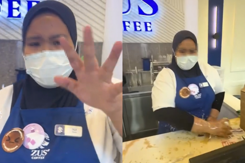 马来西亚咖啡店员遭中国女子泼咖啡、怒骂。（本报合成，撷取自TikTok）