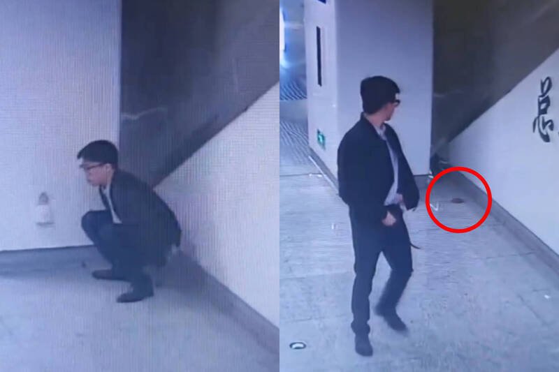 中国南宁地铁站惊见一名男子直接在月台脱裤大便，事后更回头查看，过程全都监视器拍下。（本报合成，撷取自微博）