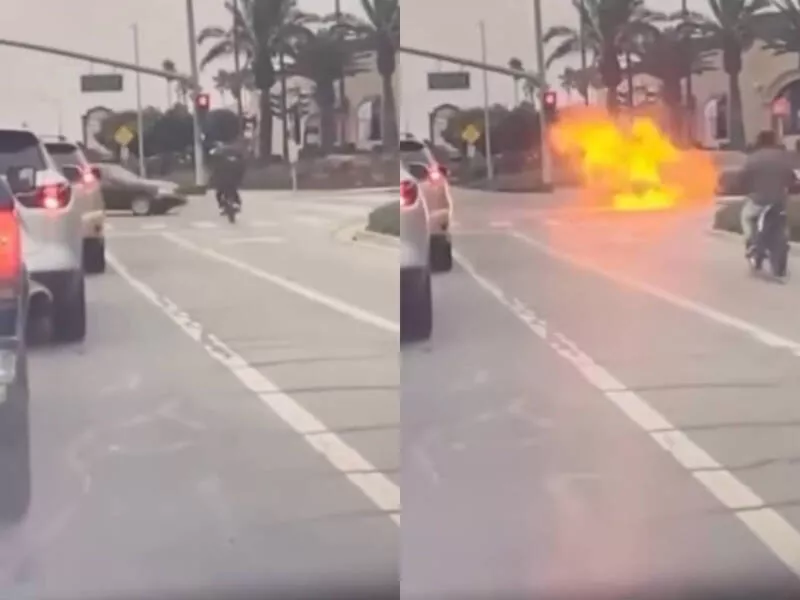 美屁孩骑摩托闯红灯!撞左转车爆火球 她的新车秒成废铁