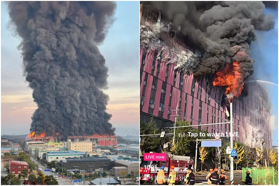 韩物流中心大火狂烧9.5小时!浓烟窜天 惊人画面曝