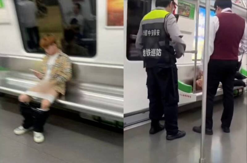 中国南宁地铁车厢内，一名男子当众脱裤打手枪，引发社会哗然。（本报合成，撷取自微博）