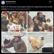 痛苦的耶诞老人、鸡头狗身兽 伦敦巨幅诡异壁画被讥AI画坏了