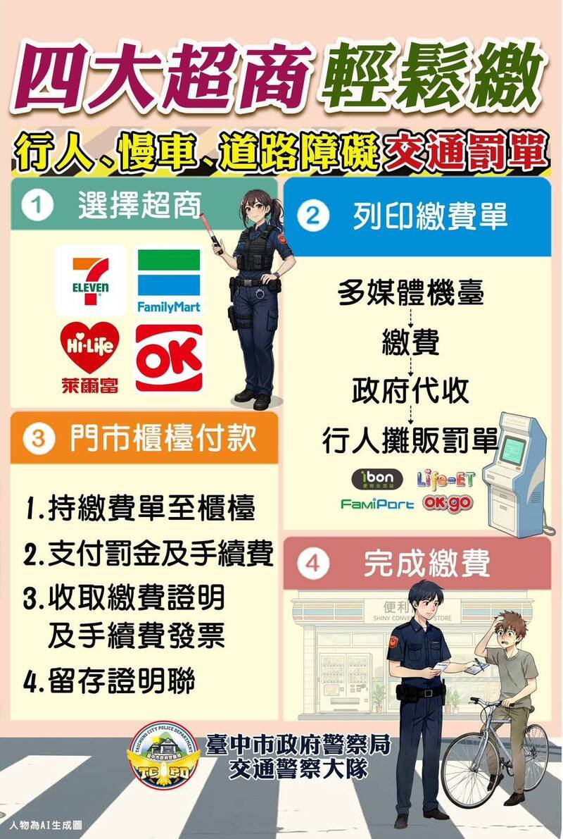 台中市行人违规、慢车违规与道路障碍罚单，下月起可至四大超商缴纳。（警方提供）