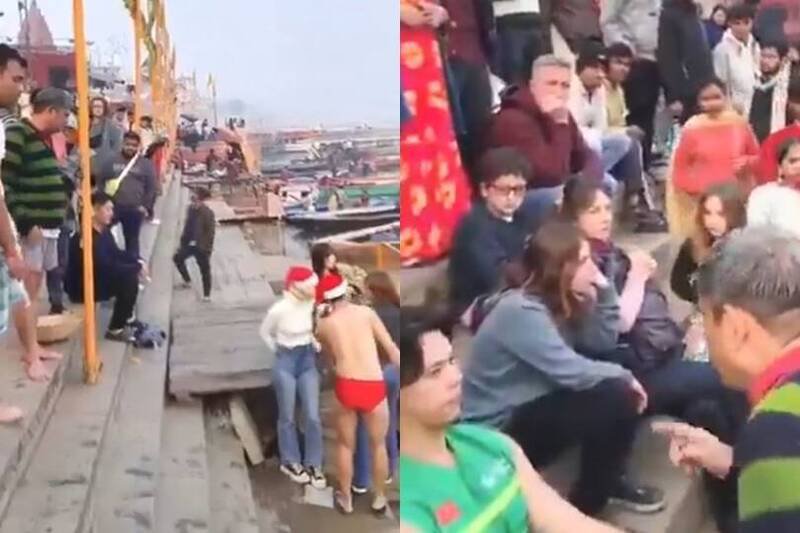 一群男女日本游客穿著泳衣，头戴圣诞老人帽，准备进入恒河内游泳，不料突然遭到当地民众包围呛声。（合成图，图撷自X）