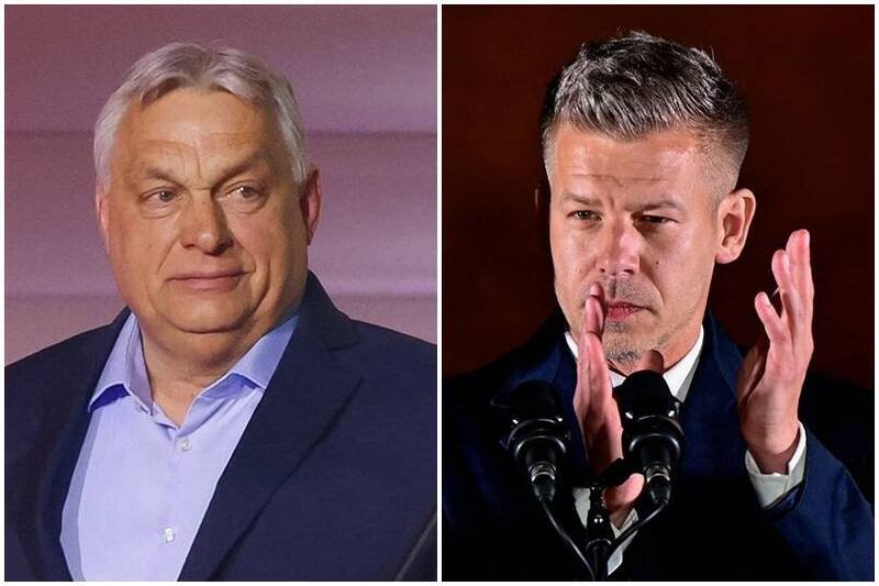 匈牙利总理奥班（左）12日在国会选举中败给政坛新秀马格雅（右），失去掌控长达16年的权力。（路透合成图）